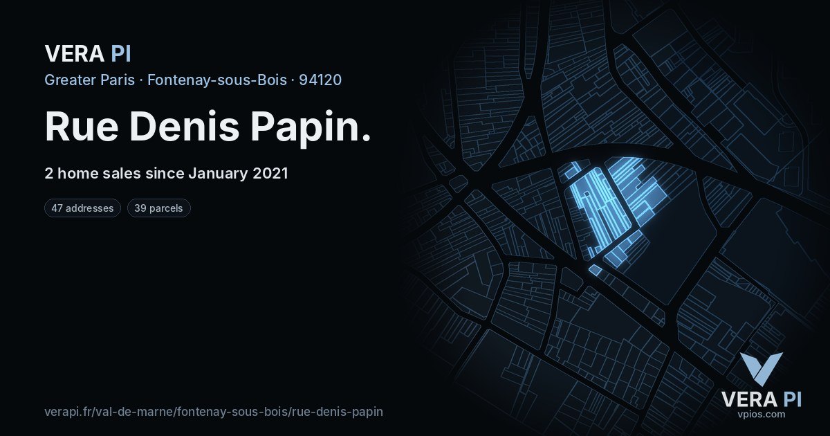 Rue Denis Papin, Fontenay-sous-Bois at night – every parcel coloured by the prices around it, the street's own parcels lit