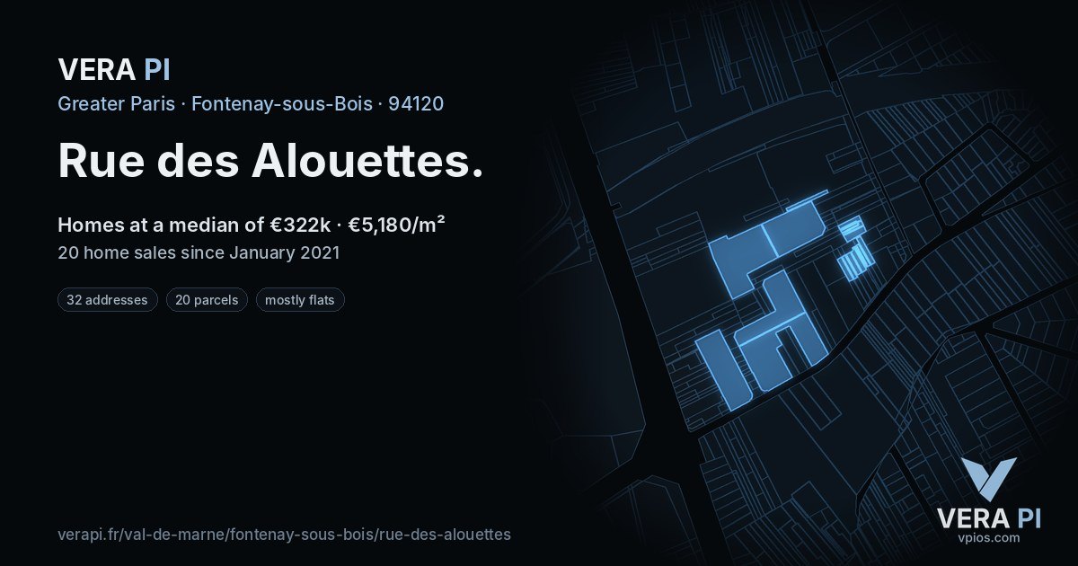Rue des Alouettes, Fontenay-sous-Bois at night – every parcel coloured by the prices around it, the street's own parcels lit