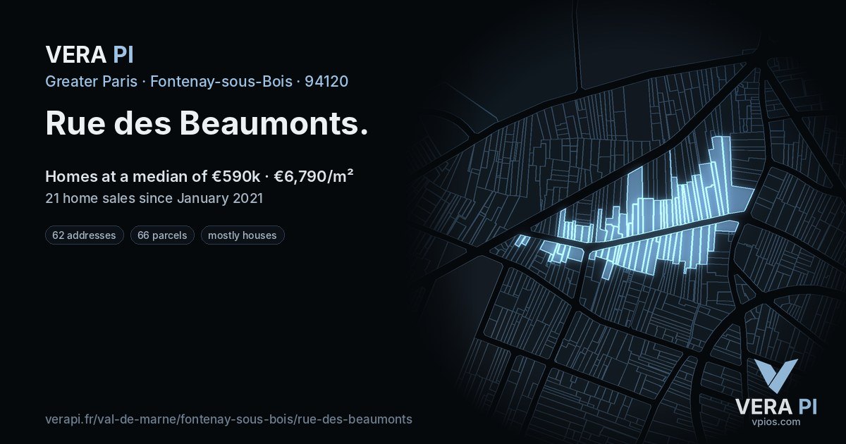 Rue des Beaumonts, Fontenay-sous-Bois at night – every parcel coloured by the prices around it, the street's own parcels lit