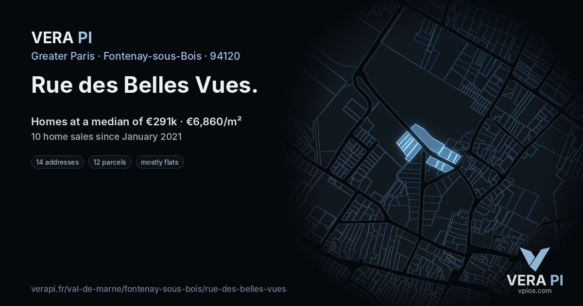 Rue des Belles Vues, Fontenay-sous-Bois at night – every parcel coloured by the prices around it, the street's own parcels lit