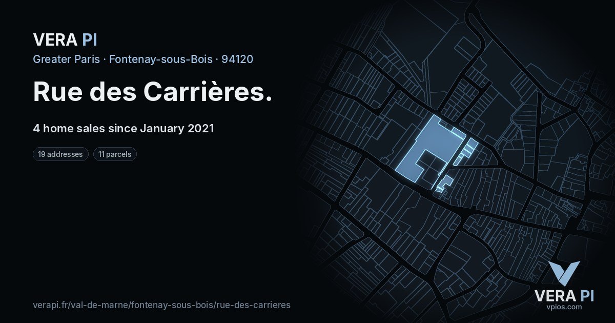 Rue des Carrières, Fontenay-sous-Bois at night – every parcel coloured by the prices around it, the street's own parcels lit
