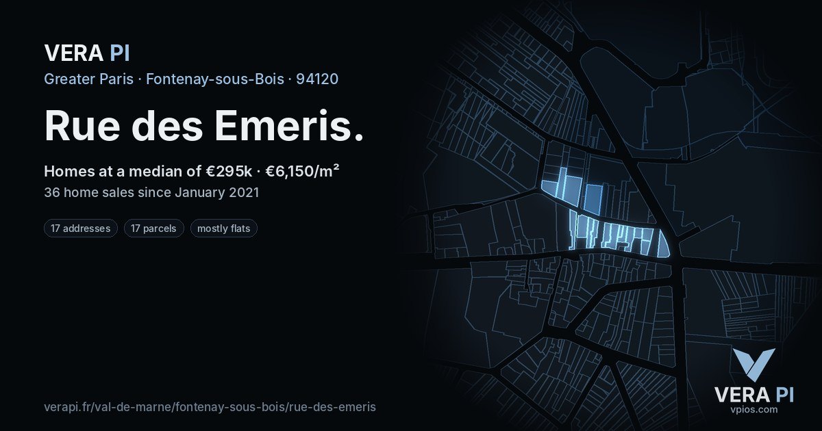 Rue des Emeris, Fontenay-sous-Bois at night – every parcel coloured by the prices around it, the street's own parcels lit