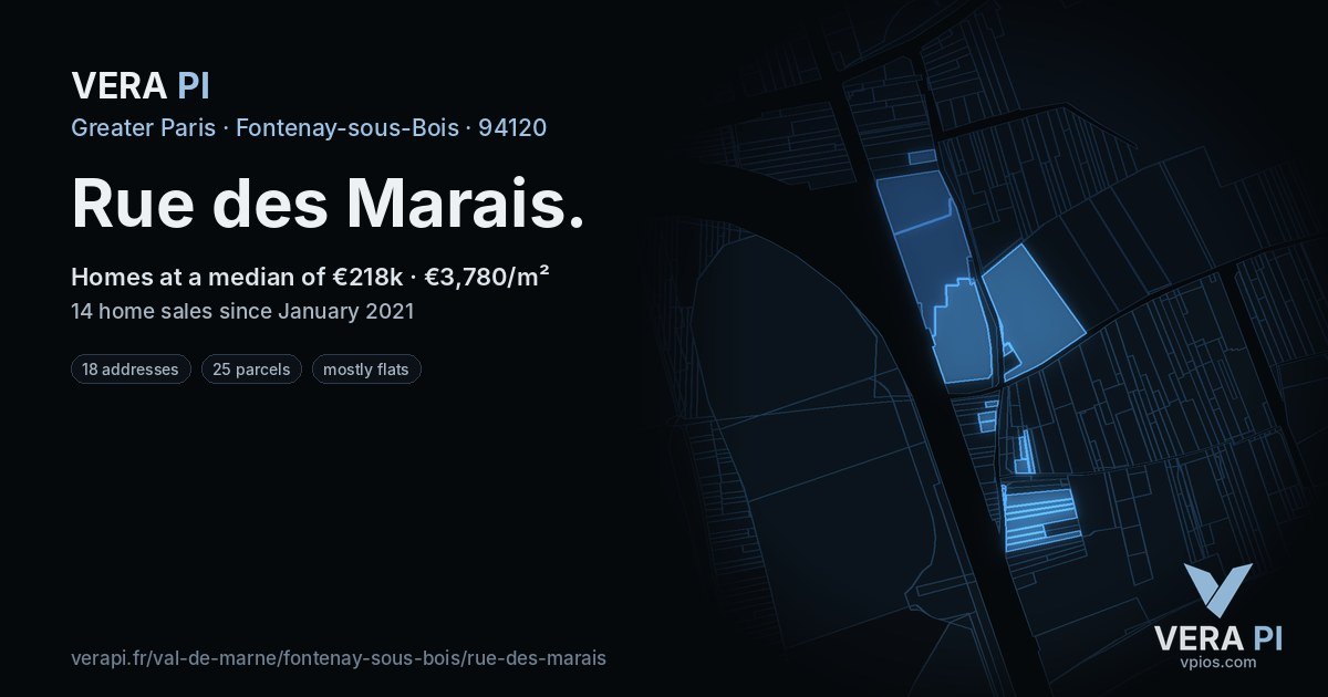 Rue des Marais, Fontenay-sous-Bois at night – every parcel coloured by the prices around it, the street's own parcels lit