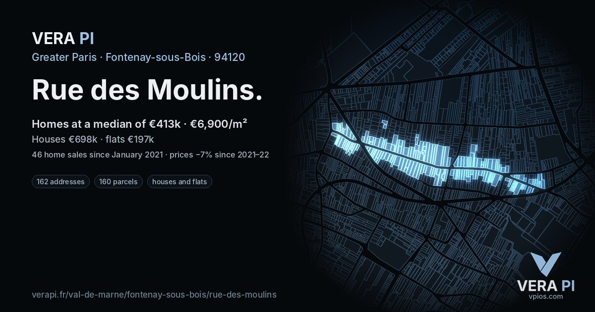 Rue des Moulins, Fontenay-sous-Bois at night – every parcel coloured by the prices around it, the street's own parcels lit