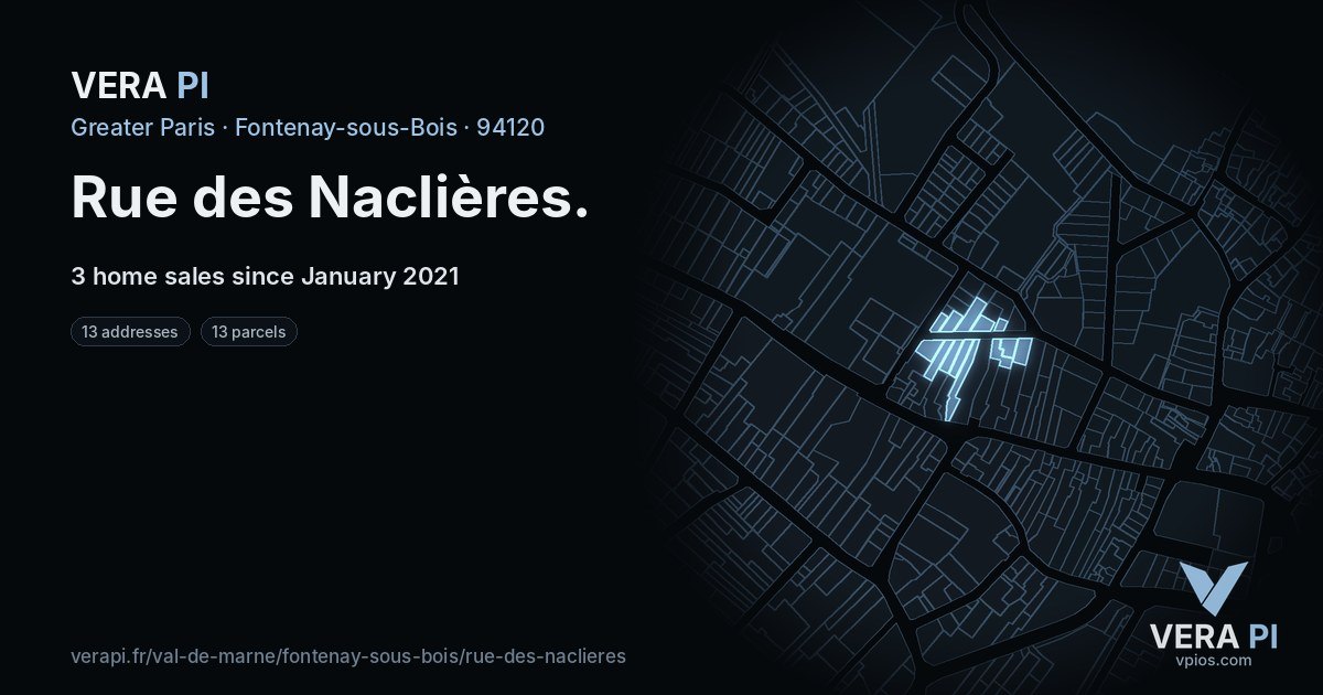 Rue des Naclières, Fontenay-sous-Bois at night – every parcel coloured by the prices around it, the street's own parcels lit