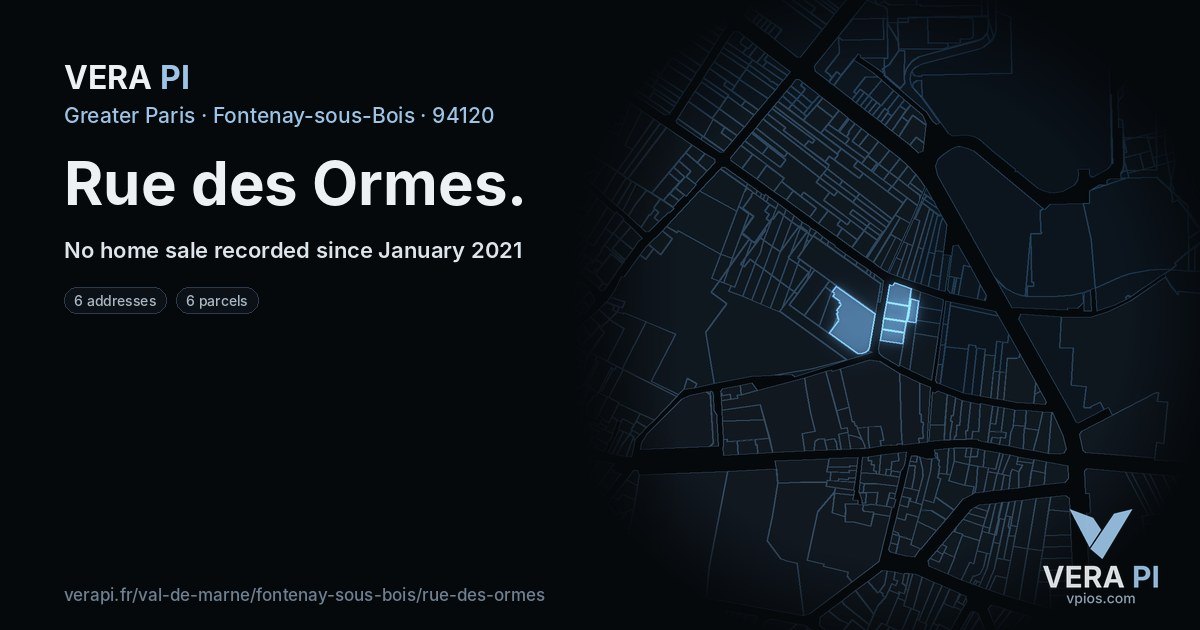 Rue des Ormes, Fontenay-sous-Bois at night – every parcel coloured by the prices around it, the street's own parcels lit