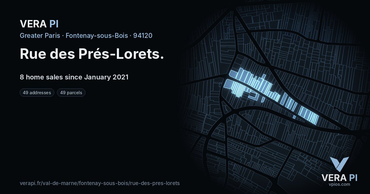 Rue des Prés-Lorets, Fontenay-sous-Bois at night – every parcel coloured by the prices around it, the street's own parcels lit
