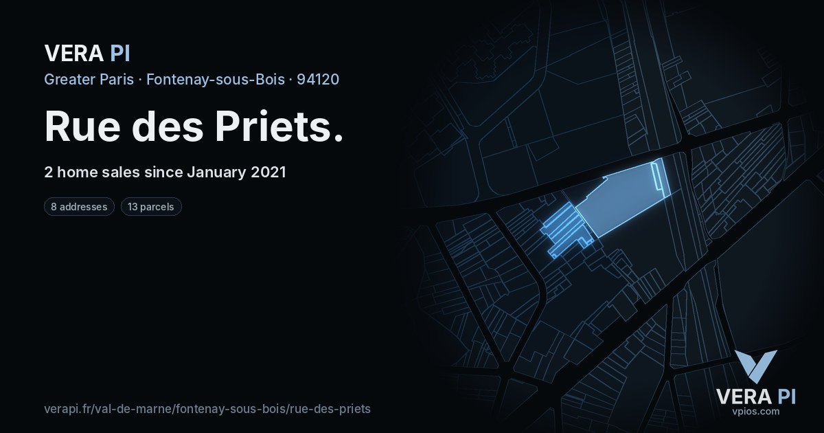 Rue des Priets, Fontenay-sous-Bois at night – every parcel coloured by the prices around it, the street's own parcels lit