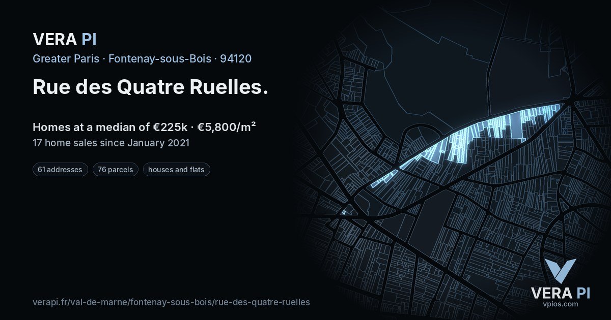 Rue des Quatre Ruelles, Fontenay-sous-Bois at night – every parcel coloured by the prices around it, the street's own parcels lit