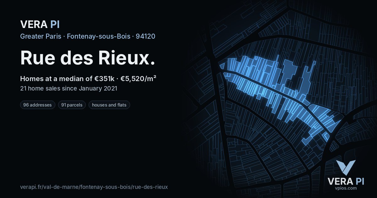 Rue des Rieux, Fontenay-sous-Bois at night – every parcel coloured by the prices around it, the street's own parcels lit