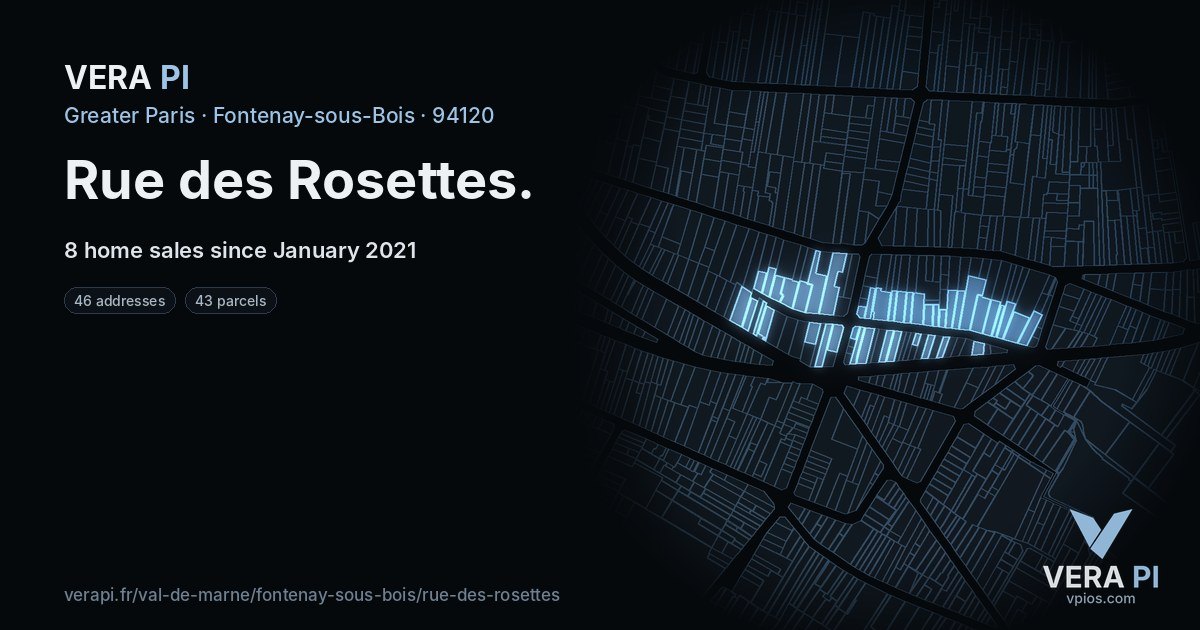 Rue des Rosettes, Fontenay-sous-Bois at night – every parcel coloured by the prices around it, the street's own parcels lit