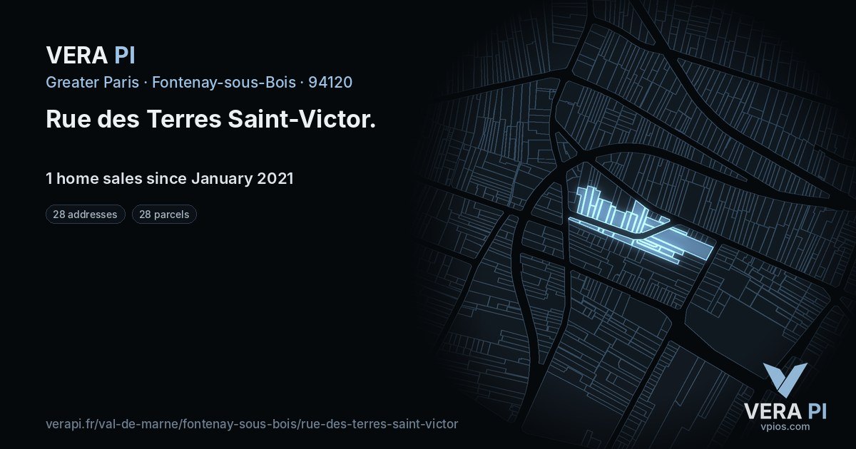 Rue des Terres Saint-Victor, Fontenay-sous-Bois at night – every parcel coloured by the prices around it, the street's own parcels lit