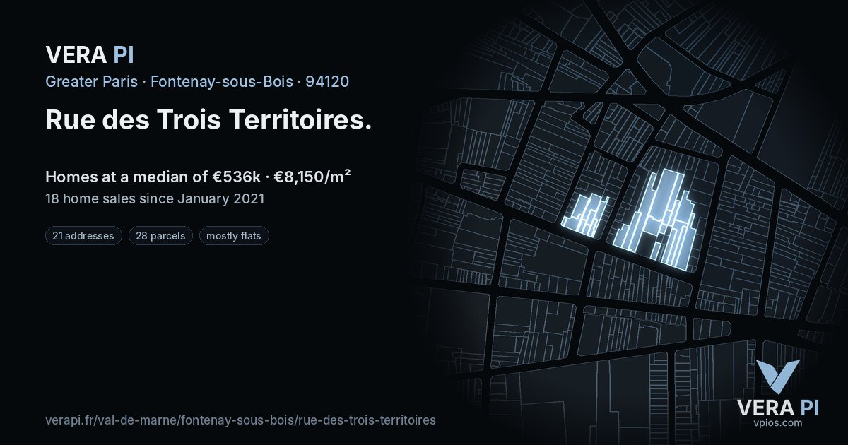 Rue des Trois Territoires, Fontenay-sous-Bois at night – every parcel coloured by the prices around it, the street's own parcels lit