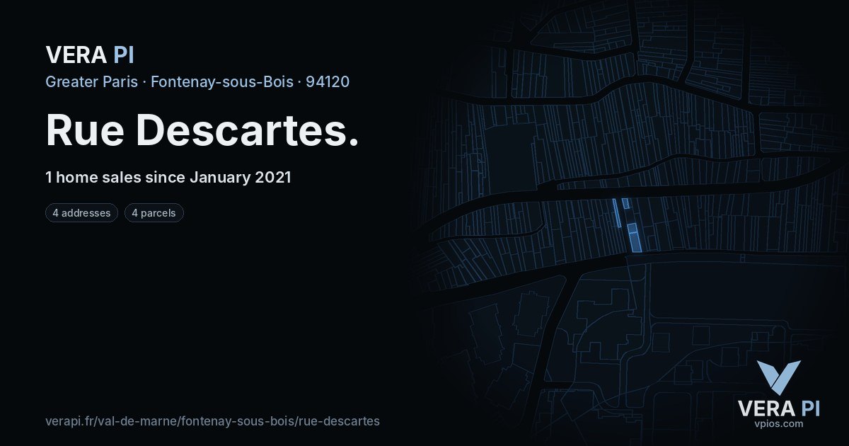 Rue Descartes, Fontenay-sous-Bois at night – every parcel coloured by the prices around it, the street's own parcels lit