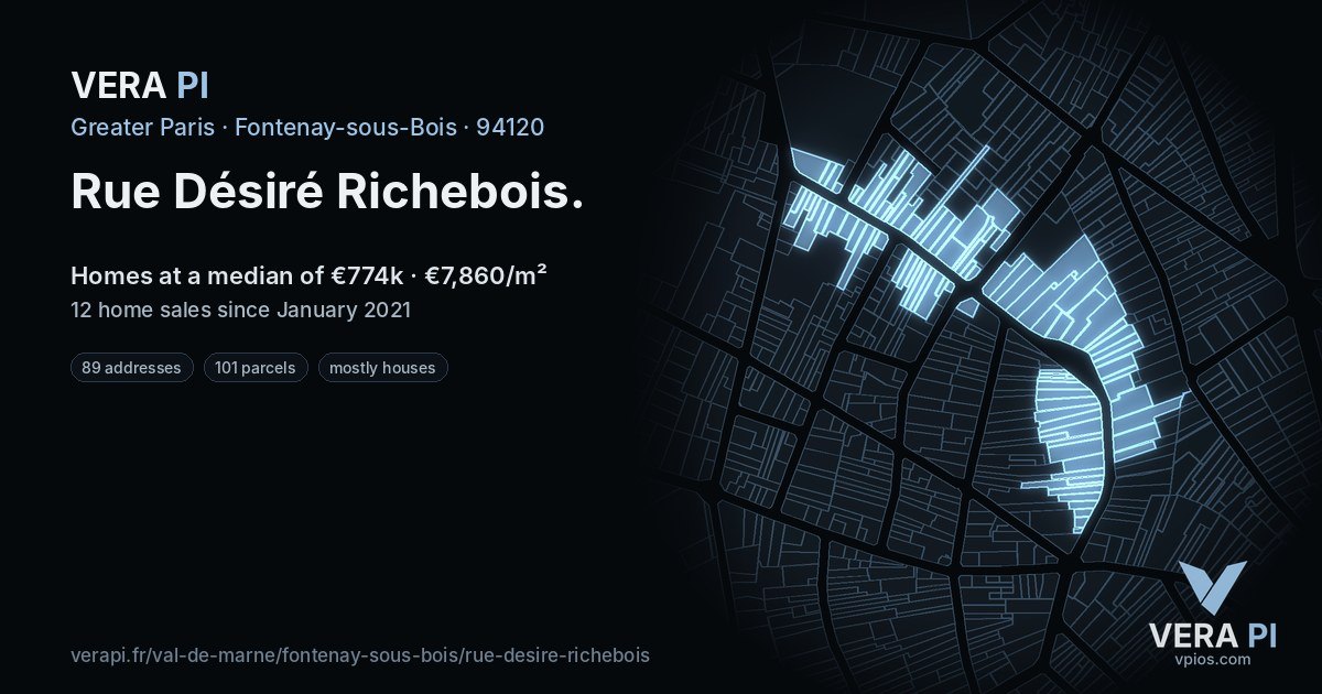 Rue Désiré Richebois, Fontenay-sous-Bois at night – every parcel coloured by the prices around it, the street's own parcels lit