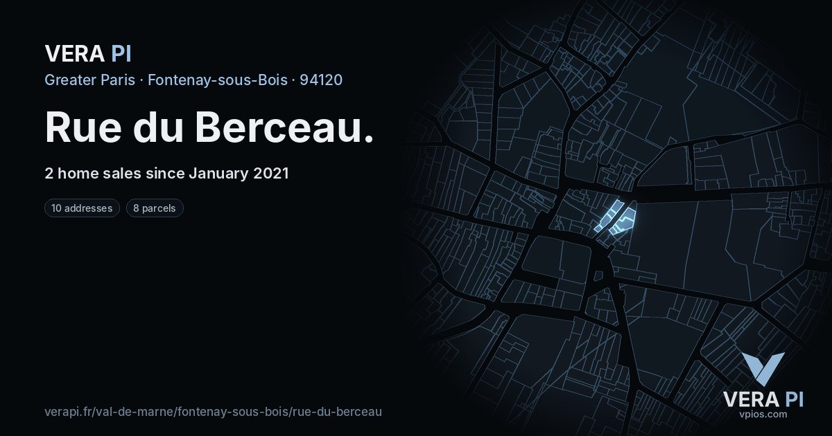 Rue du Berceau, Fontenay-sous-Bois at night – every parcel coloured by the prices around it, the street's own parcels lit