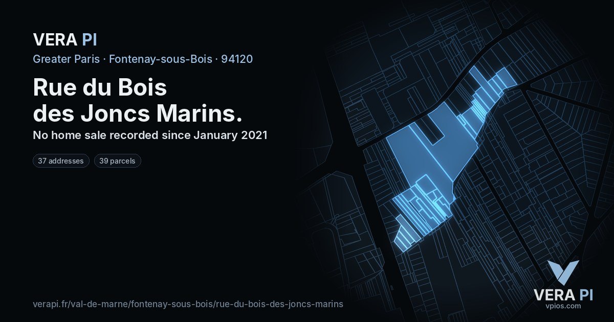 Rue du Bois des Joncs Marins, Fontenay-sous-Bois at night – every parcel coloured by the prices around it, the street's own parcels lit