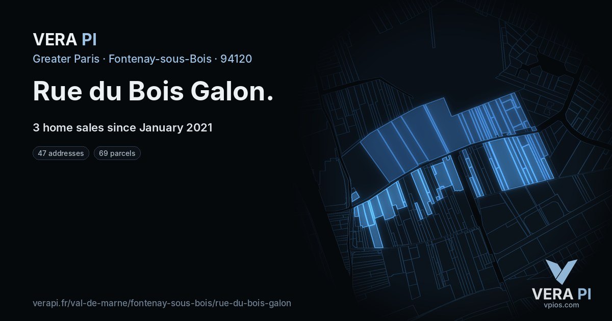 Rue du Bois Galon, Fontenay-sous-Bois at night – every parcel coloured by the prices around it, the street's own parcels lit