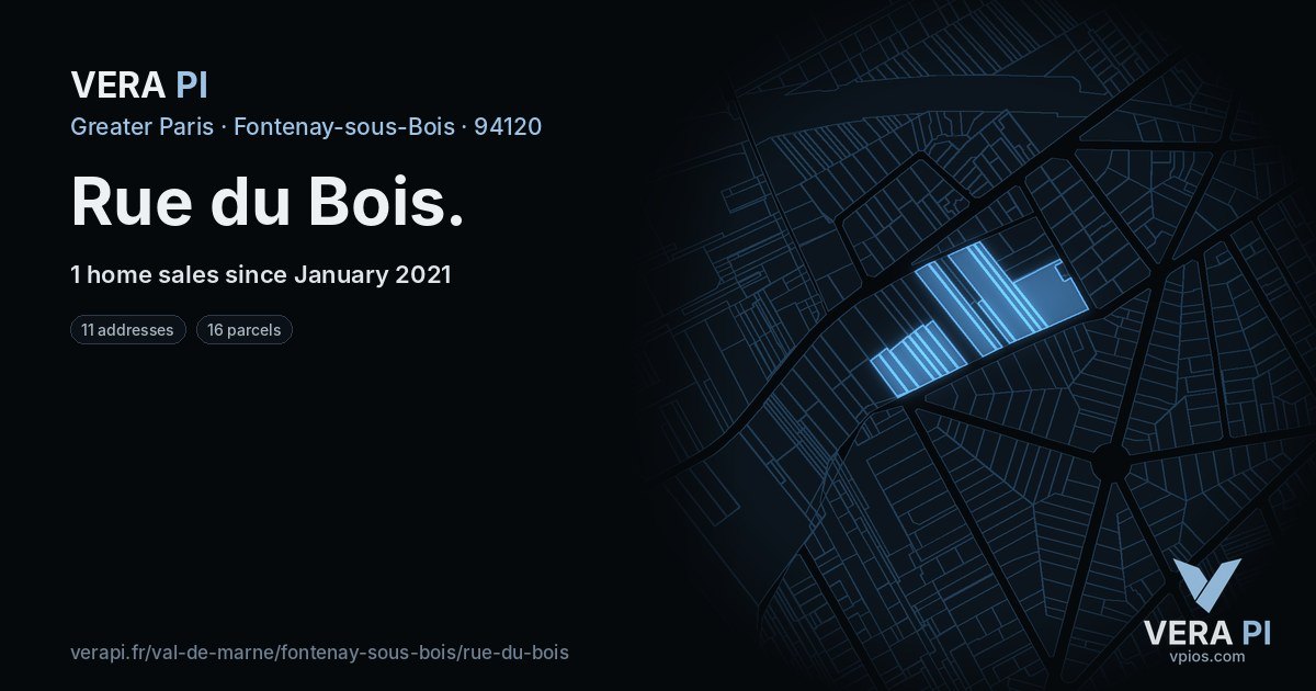 Rue du Bois, Fontenay-sous-Bois at night – every parcel coloured by the prices around it, the street's own parcels lit