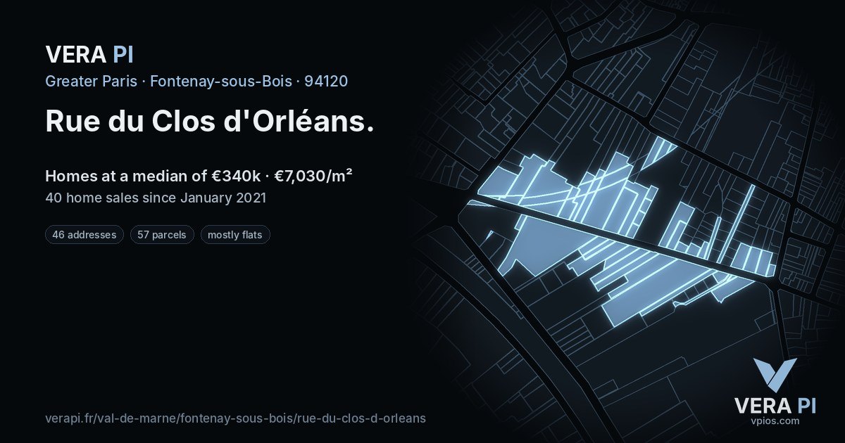 Rue du Clos d'Orléans, Fontenay-sous-Bois at night – every parcel coloured by the prices around it, the street's own parcels lit