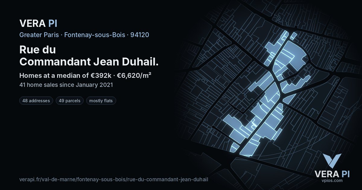 Rue du Commandant Jean Duhail, Fontenay-sous-Bois at night – every parcel coloured by the prices around it, the street's own parcels lit