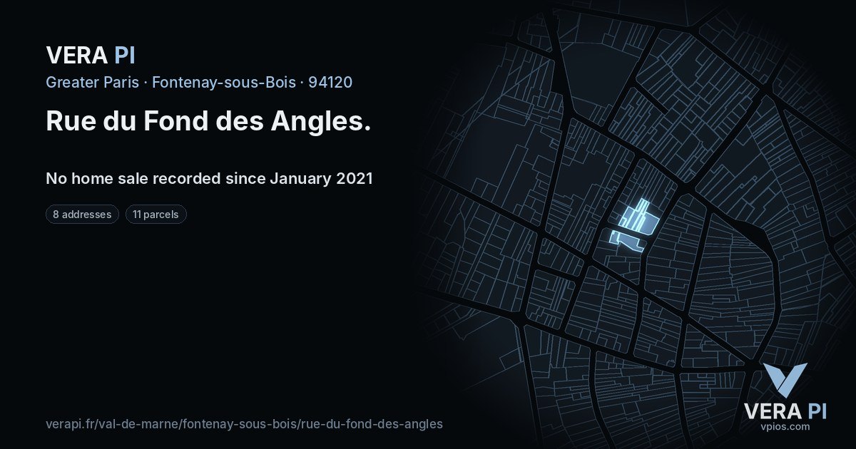 Rue du Fond des Angles, Fontenay-sous-Bois at night – every parcel coloured by the prices around it, the street's own parcels lit