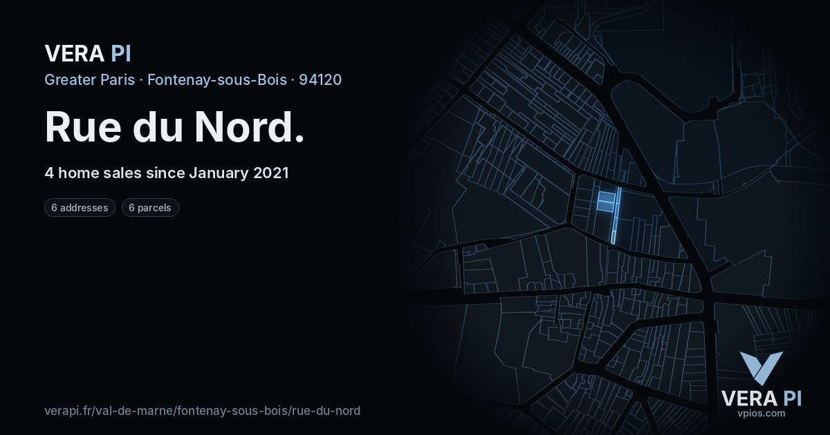 Rue du Nord, Fontenay-sous-Bois at night – every parcel coloured by the prices around it, the street's own parcels lit