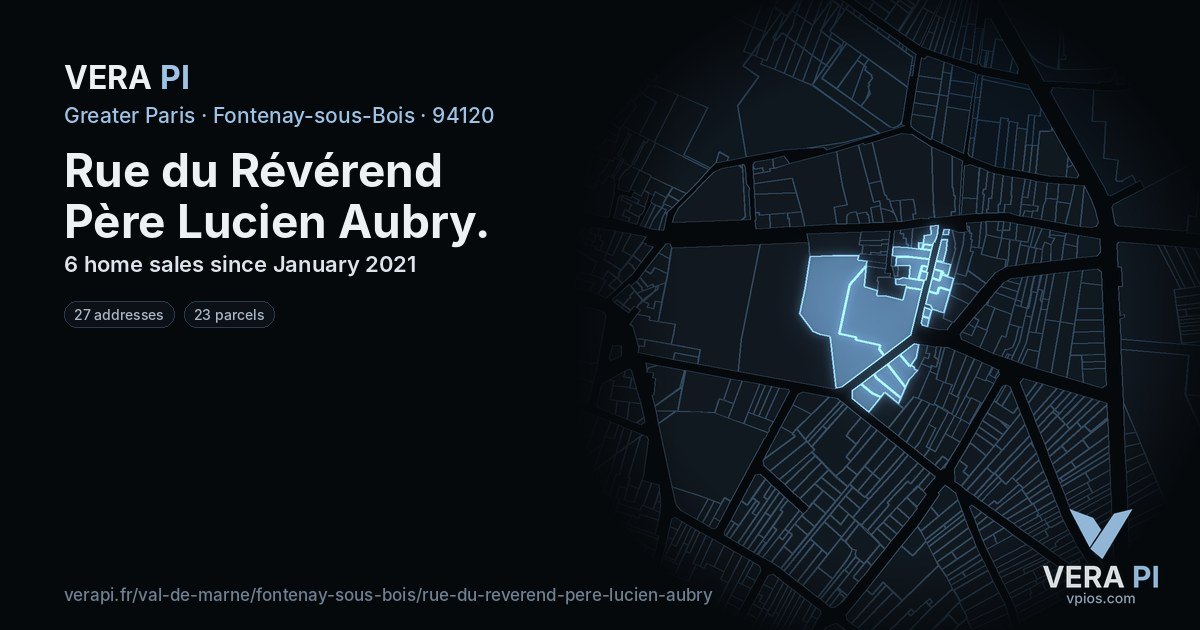 Rue du Révérend Père Lucien Aubry, Fontenay-sous-Bois at night – every parcel coloured by the prices around it, the street's own parcels lit