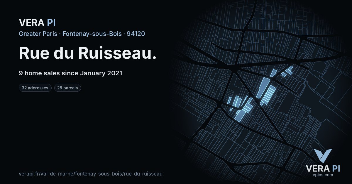 Rue du Ruisseau, Fontenay-sous-Bois at night – every parcel coloured by the prices around it, the street's own parcels lit