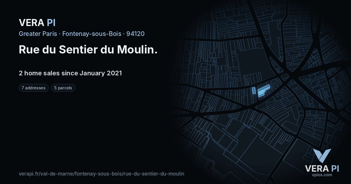 Rue du Sentier du Moulin, Fontenay-sous-Bois at night – every parcel coloured by the prices around it, the street's own parcels lit