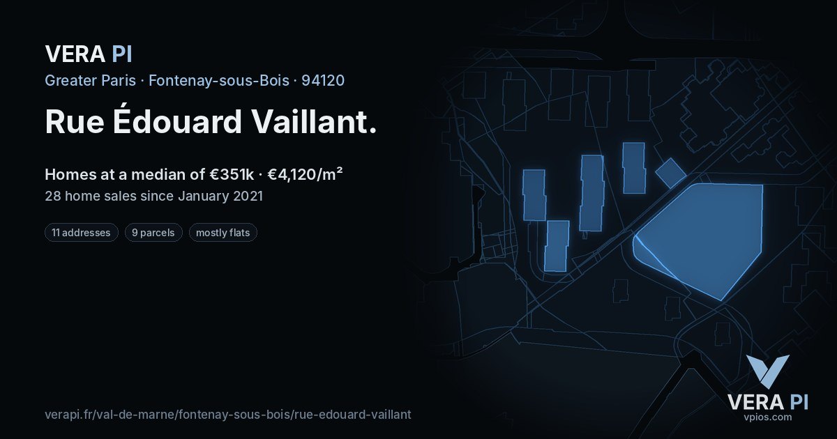 Rue Édouard Vaillant, Fontenay-sous-Bois at night – every parcel coloured by the prices around it, the street's own parcels lit