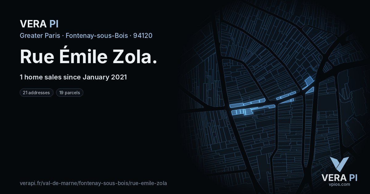 Rue Émile Zola, Fontenay-sous-Bois at night – every parcel coloured by the prices around it, the street's own parcels lit