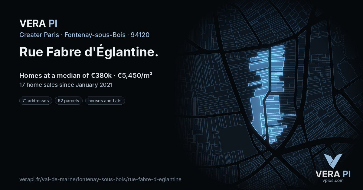 Rue Fabre d'Églantine, Fontenay-sous-Bois at night – every parcel coloured by the prices around it, the street's own parcels lit