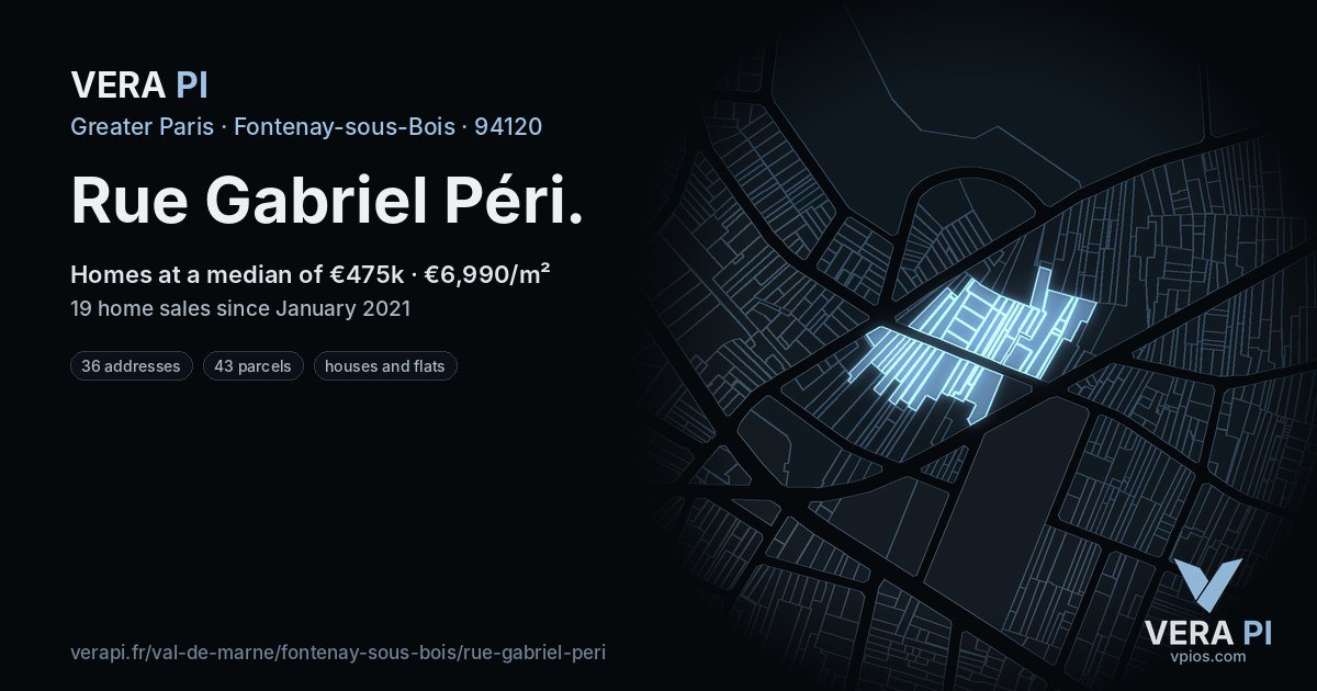 Rue Gabriel Péri, Fontenay-sous-Bois at night – every parcel coloured by the prices around it, the street's own parcels lit