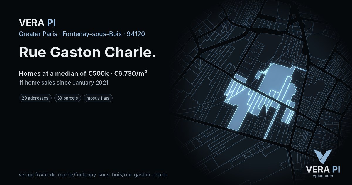 Rue Gaston Charle, Fontenay-sous-Bois at night – every parcel coloured by the prices around it, the street's own parcels lit