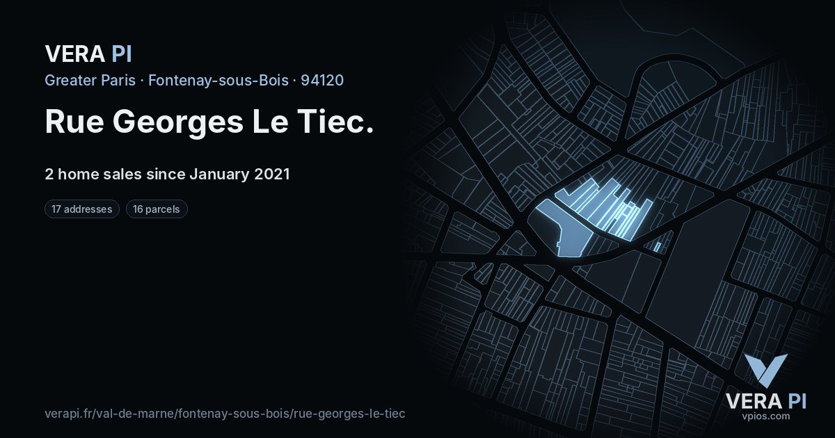 Rue Georges Le Tiec, Fontenay-sous-Bois at night – every parcel coloured by the prices around it, the street's own parcels lit