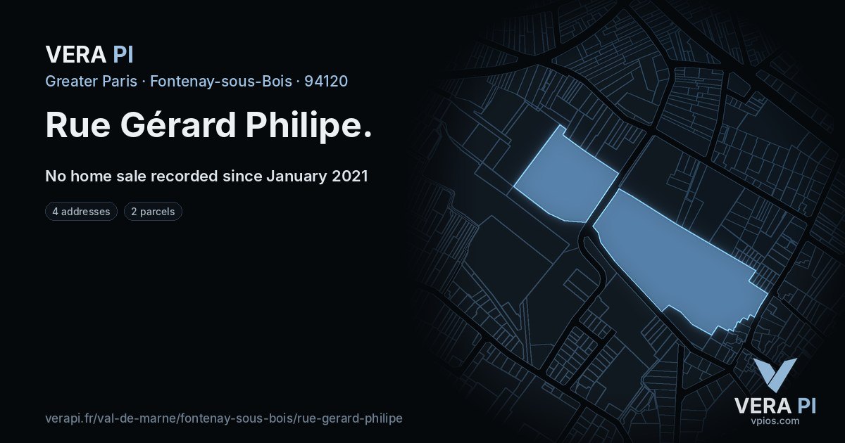 Rue Gérard Philipe, Fontenay-sous-Bois at night – every parcel coloured by the prices around it, the street's own parcels lit