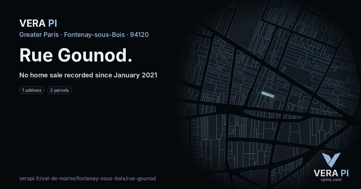 Rue Gounod, Fontenay-sous-Bois at night – every parcel coloured by the prices around it, the street's own parcels lit