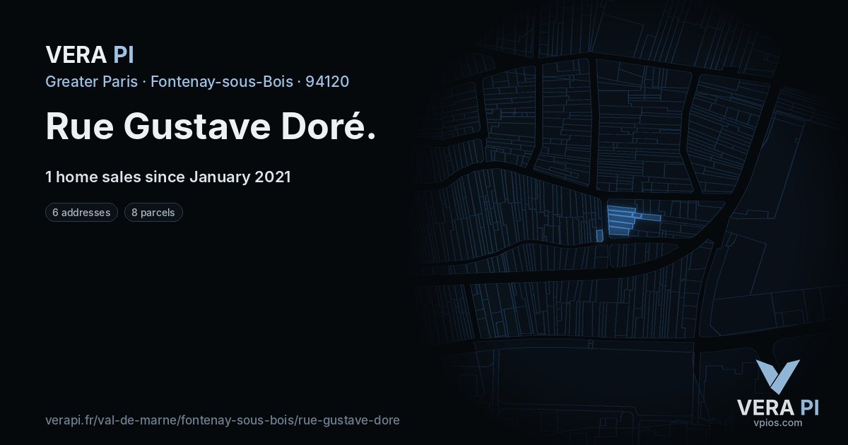 Rue Gustave Doré, Fontenay-sous-Bois at night – every parcel coloured by the prices around it, the street's own parcels lit