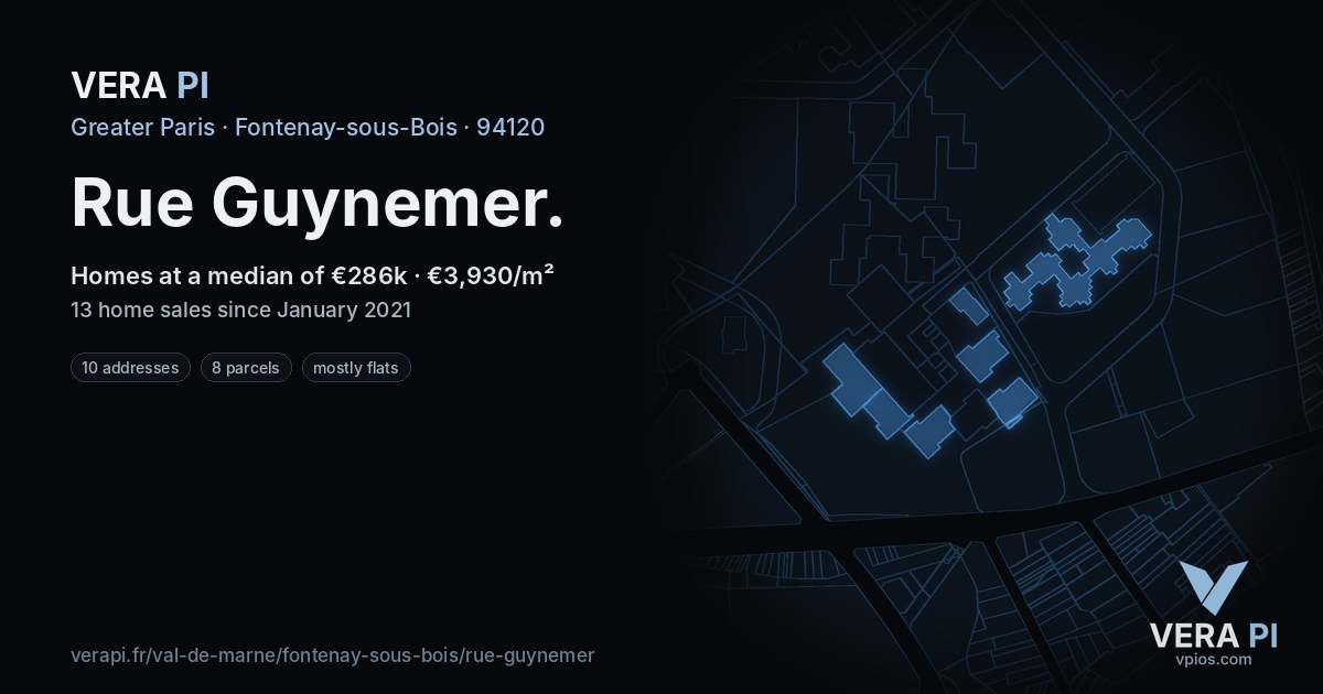 Rue Guynemer, Fontenay-sous-Bois at night – every parcel coloured by the prices around it, the street's own parcels lit