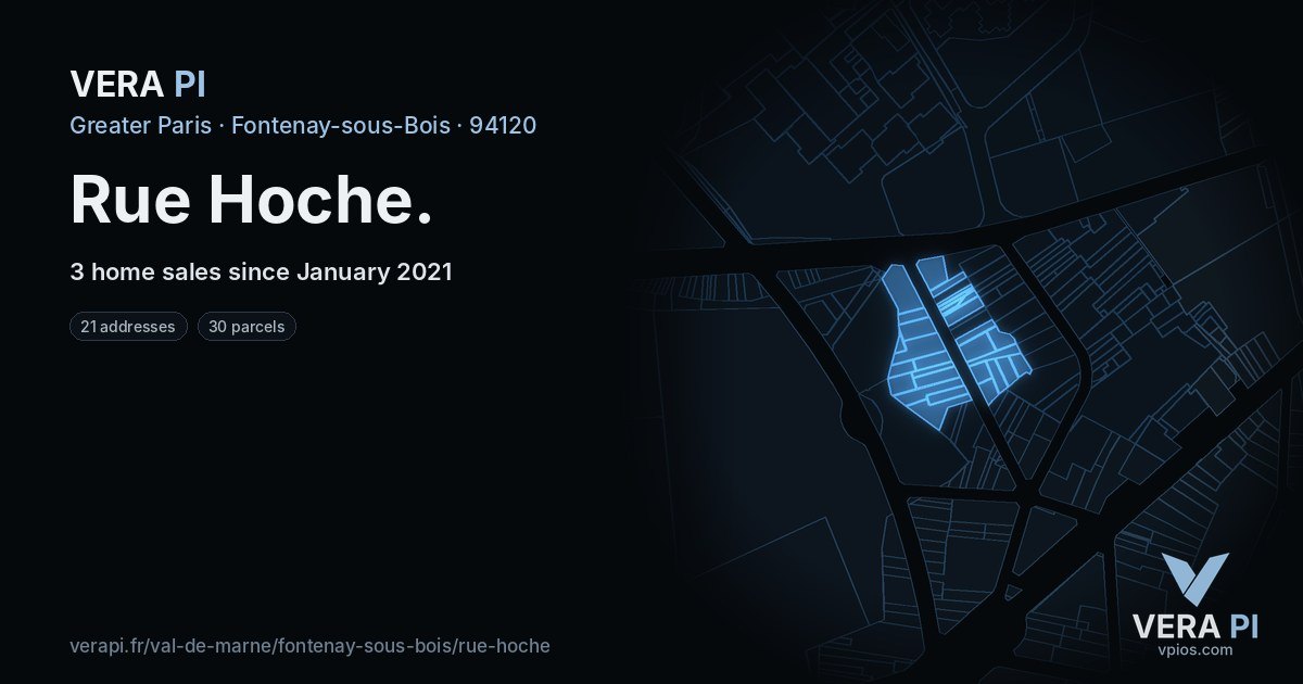 Rue Hoche, Fontenay-sous-Bois at night – every parcel coloured by the prices around it, the street's own parcels lit