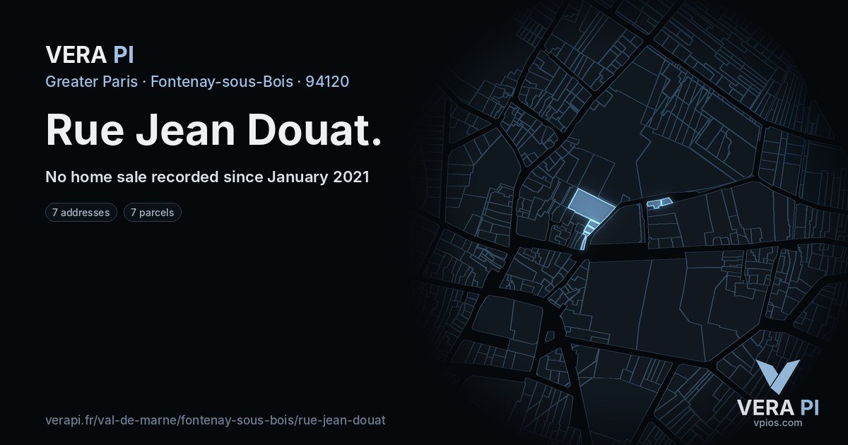 Rue Jean Douat, Fontenay-sous-Bois at night – every parcel coloured by the prices around it, the street's own parcels lit