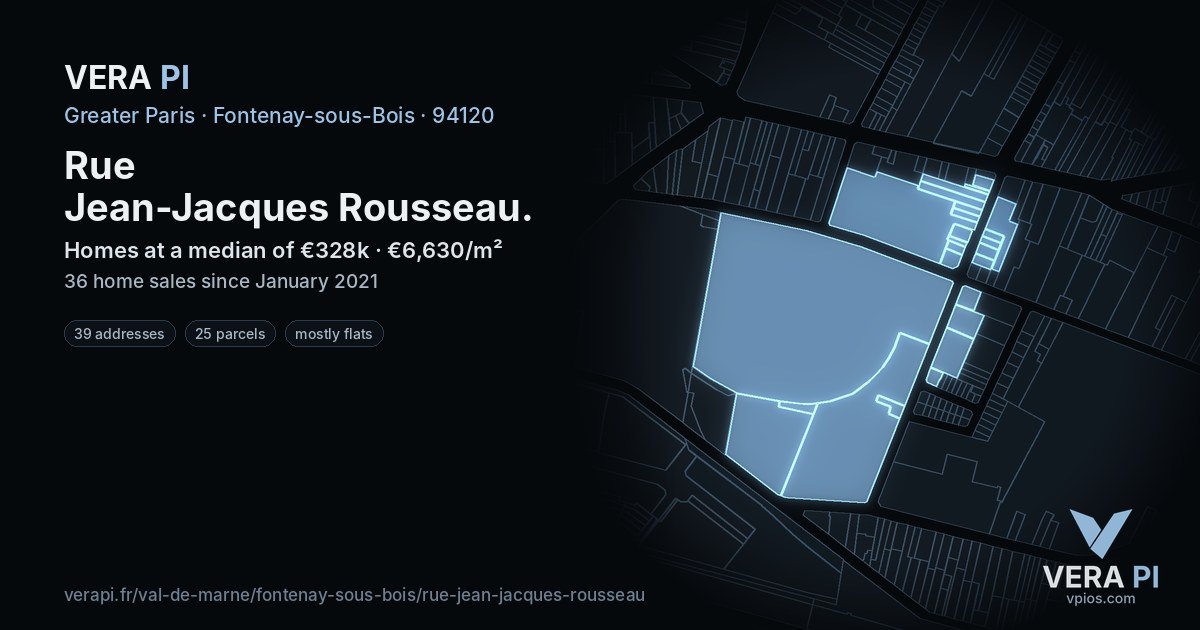 Rue Jean-Jacques Rousseau, Fontenay-sous-Bois at night – every parcel coloured by the prices around it, the street's own parcels lit
