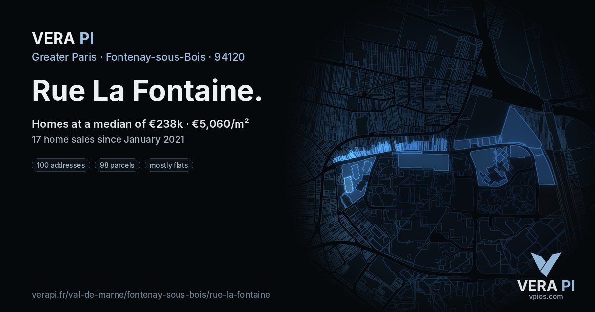 Rue La Fontaine, Fontenay-sous-Bois at night – every parcel coloured by the prices around it, the street's own parcels lit