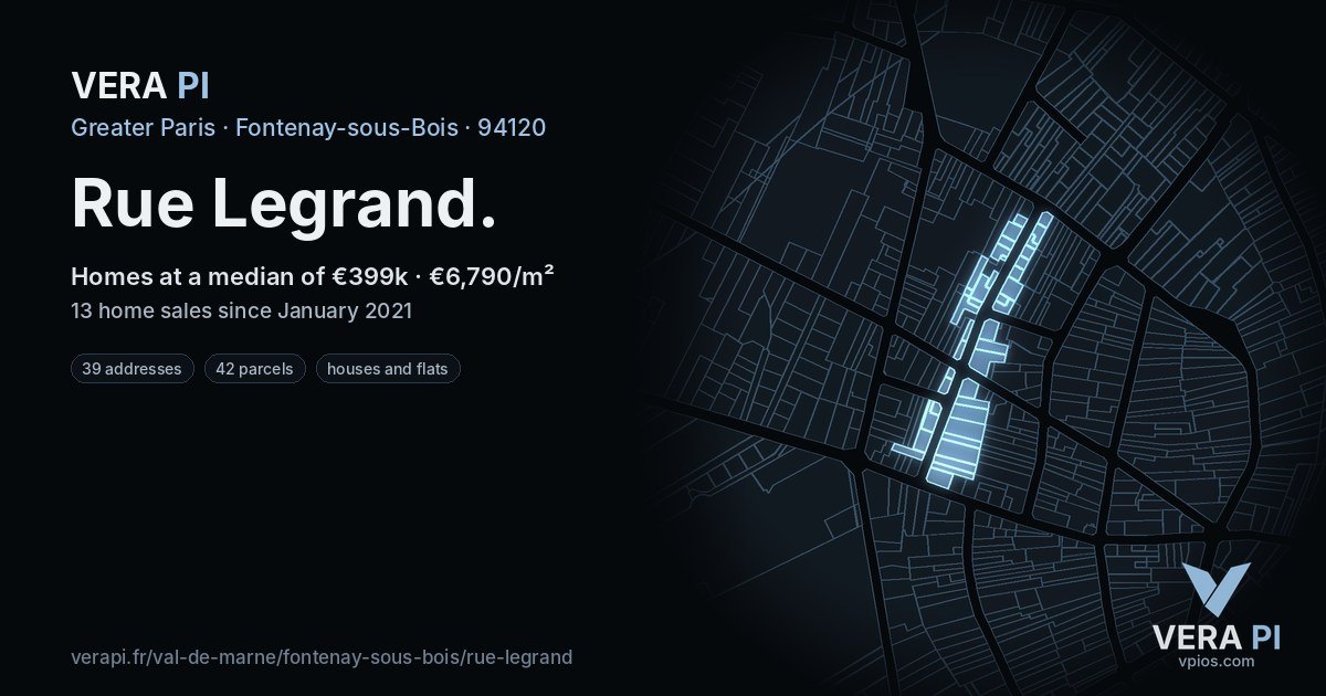 Rue Legrand, Fontenay-sous-Bois at night – every parcel coloured by the prices around it, the street's own parcels lit