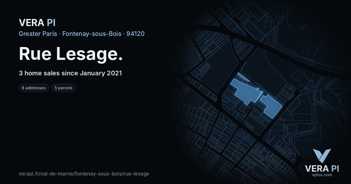 Rue Lesage, Fontenay-sous-Bois at night – every parcel coloured by the prices around it, the street's own parcels lit
