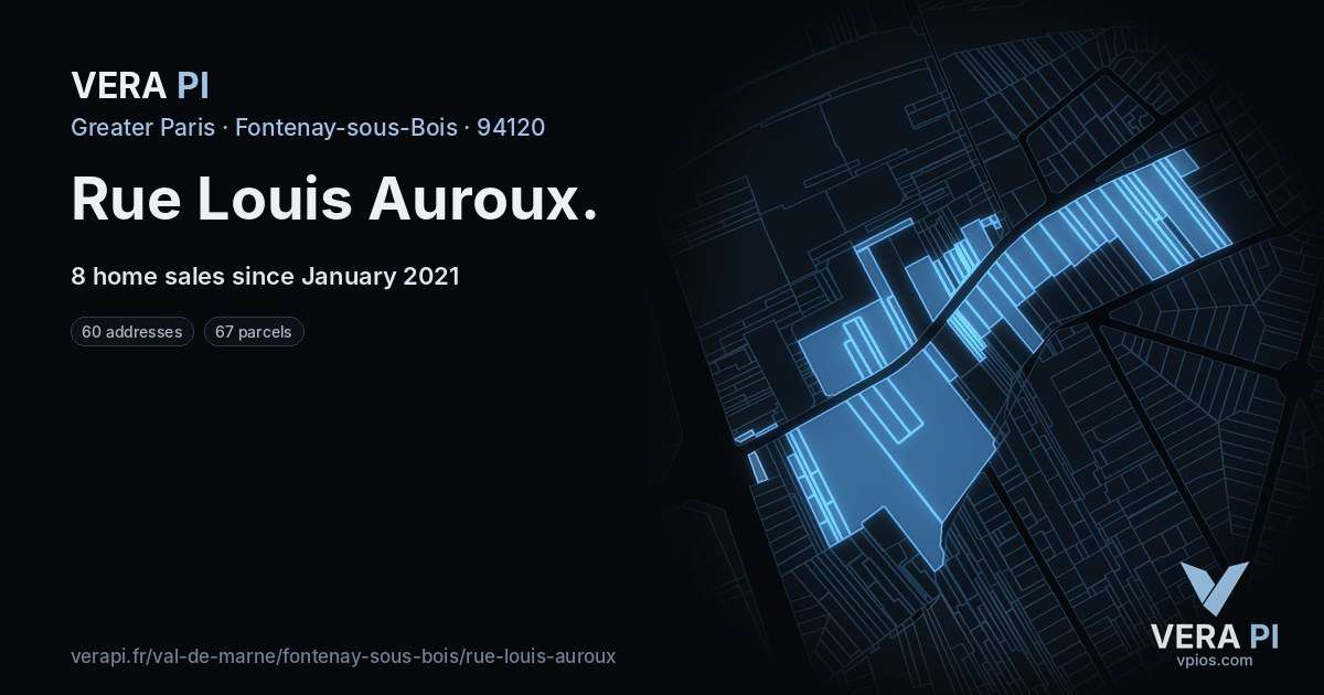 Rue Louis Auroux, Fontenay-sous-Bois at night – every parcel coloured by the prices around it, the street's own parcels lit