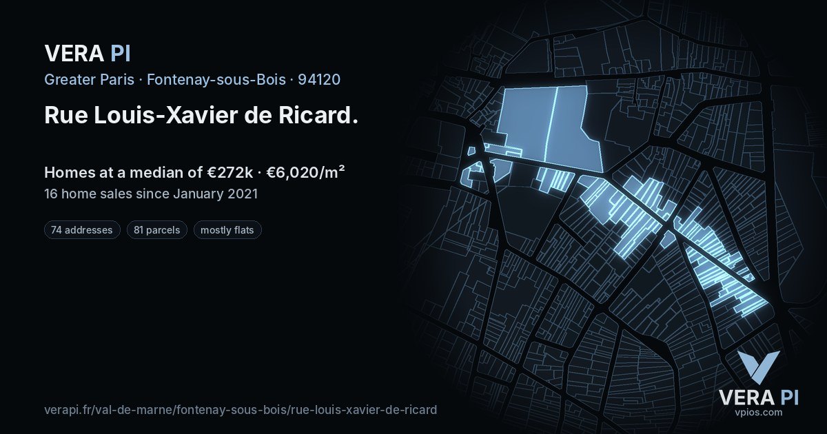Rue Louis-Xavier de Ricard, Fontenay-sous-Bois at night – every parcel coloured by the prices around it, the street's own parcels lit