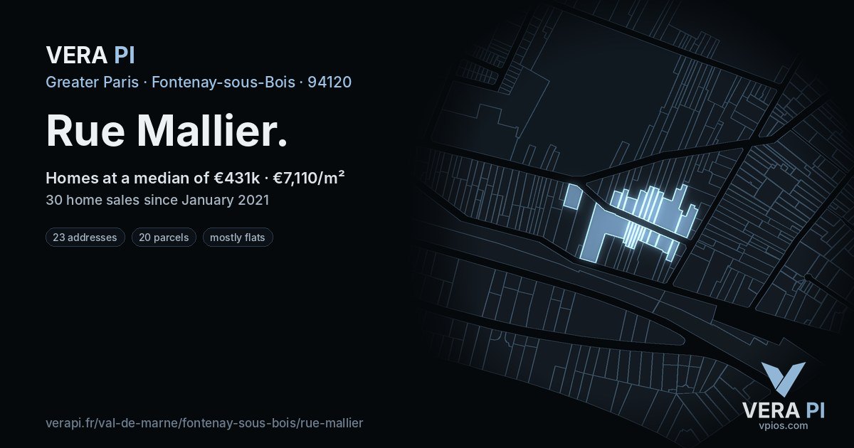 Rue Mallier, Fontenay-sous-Bois at night – every parcel coloured by the prices around it, the street's own parcels lit
