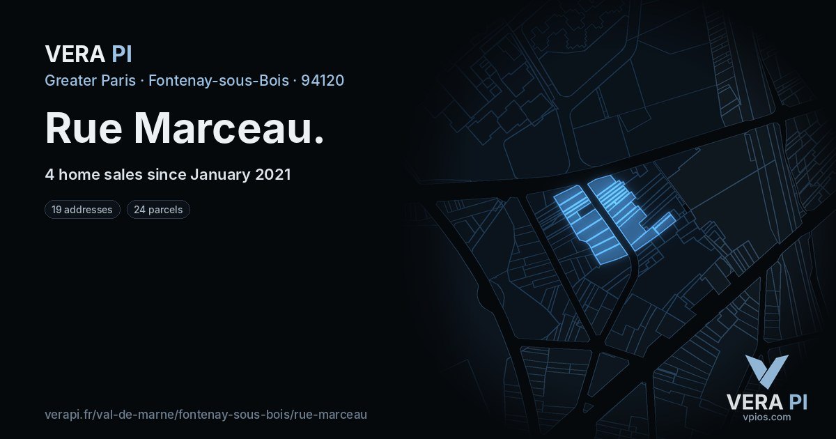 Rue Marceau, Fontenay-sous-Bois at night – every parcel coloured by the prices around it, the street's own parcels lit